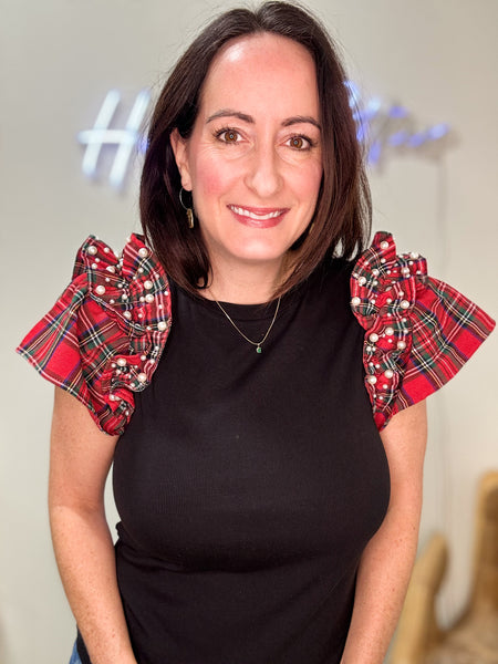 Black Top with Plaid & Pearls Ruffle Sleeves