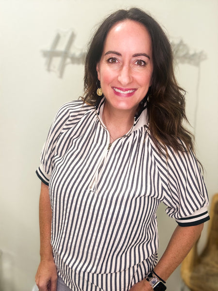 Black Striped Quarter Zip Blouse