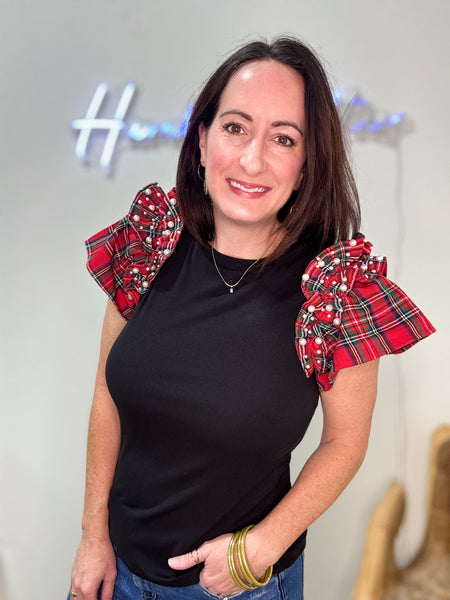Black Top with Plaid & Pearls Ruffle Sleeves