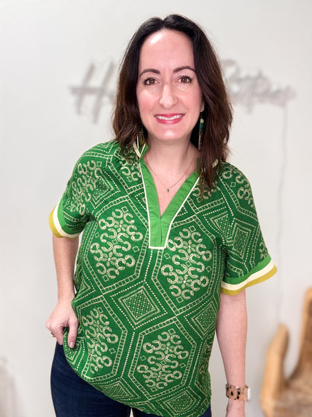 Green Diamond Print Blouse