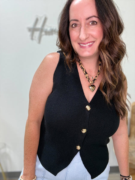 Black Knit Vest W/ Gold Buttons