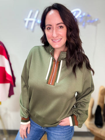 Olive Pullover with Brown and Forest Green Striped Cuffs