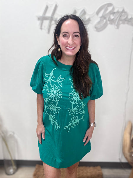 Turquoise Embroidered Puff Sleeve Mini Dress