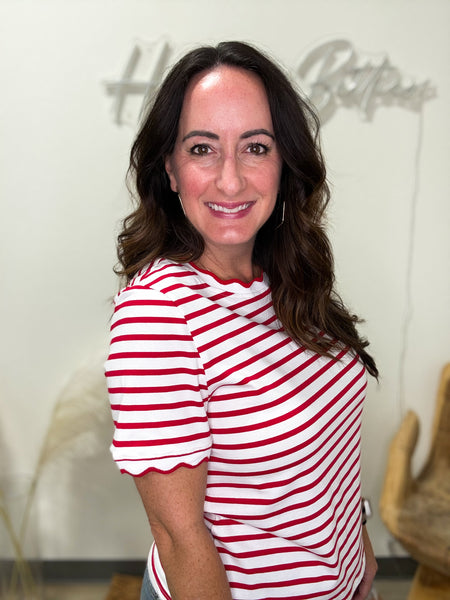 Red & White Scalloped Striped Top