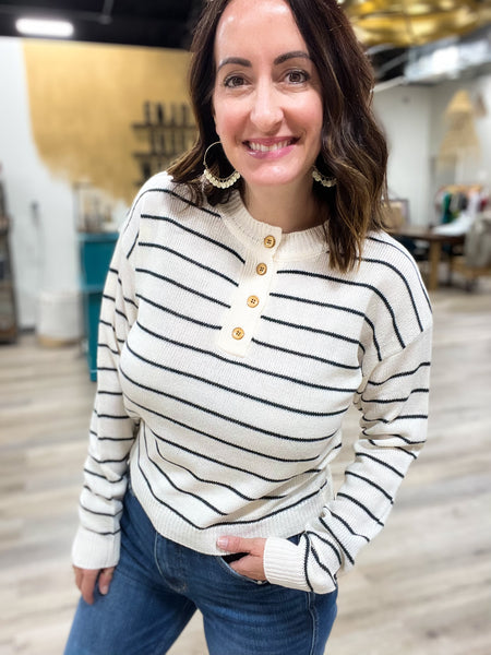 Ivory Striped Button Sweater