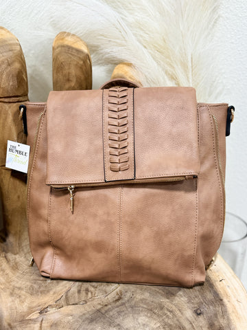 Tan Distressed Whipstitch Backpack