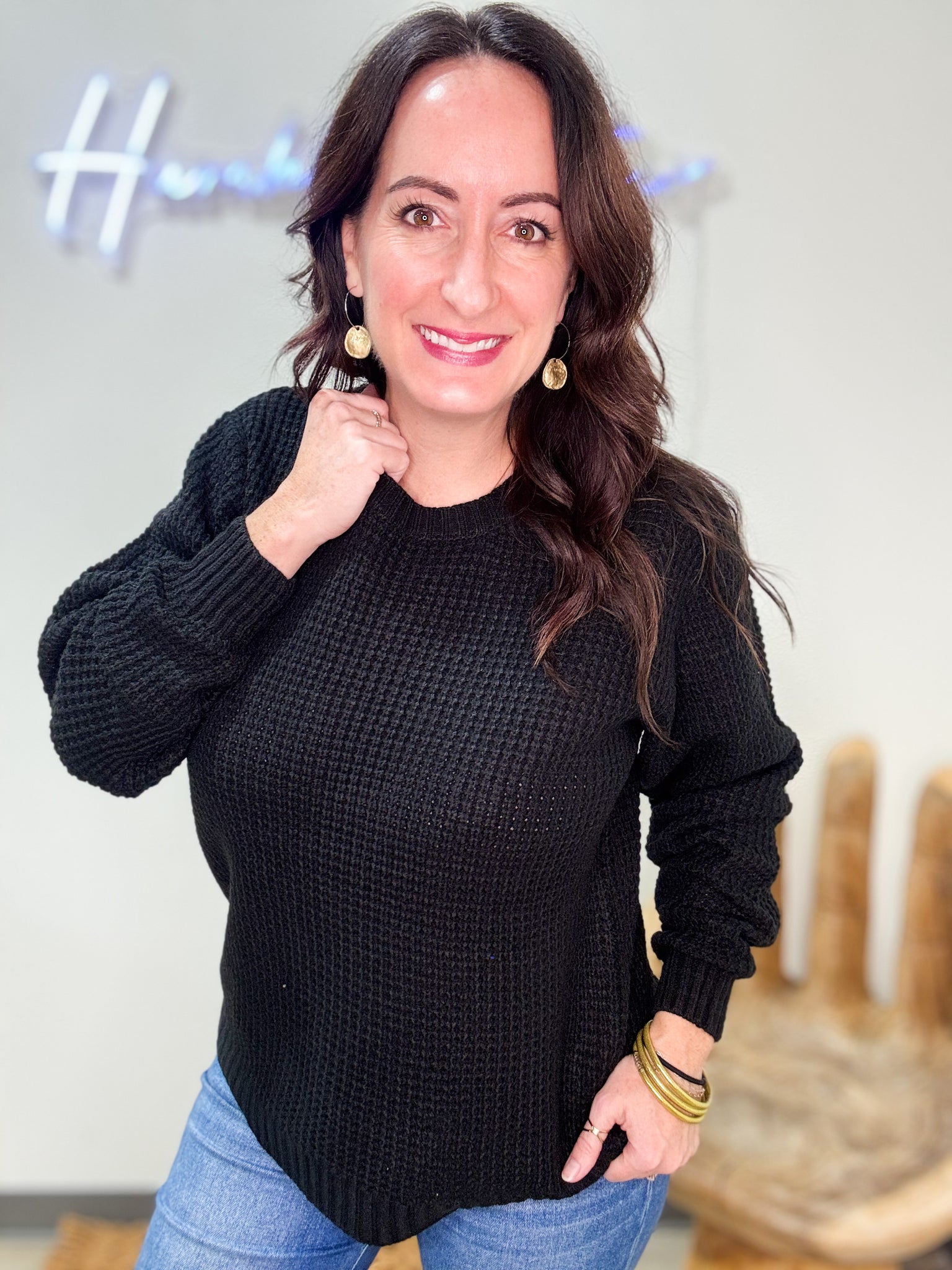 Black Round Neck Waffle Sweater