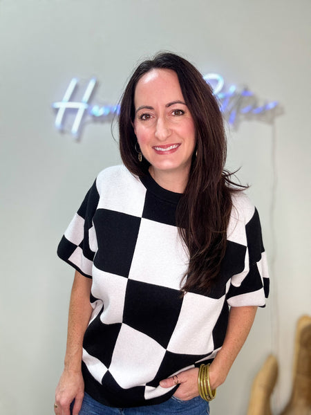 Black & White Checkered Sweater Knit Top