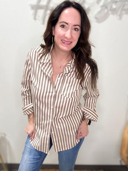 Brown & Cream Striped Button Up