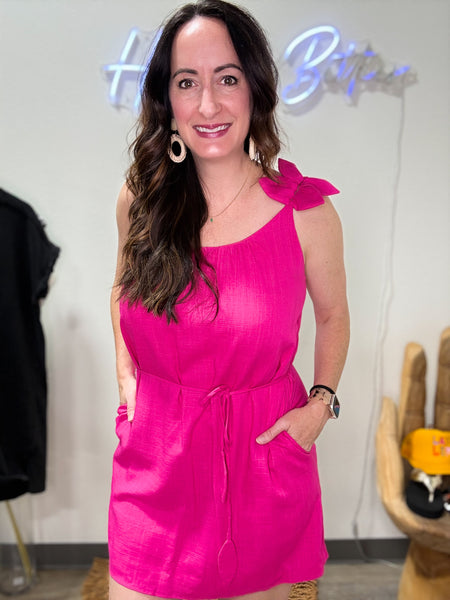 Hot Pink Linen Flower Petal Mini Dress