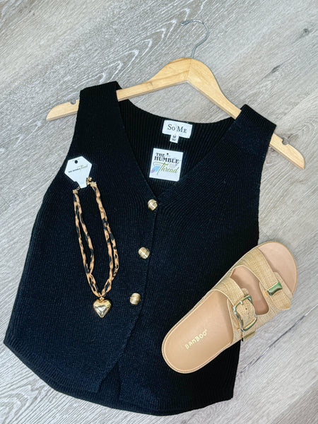 Black Knit Vest W/ Gold Buttons