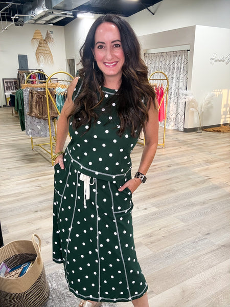 Green Retro Polka Dot Tank & Midi Skirt Set