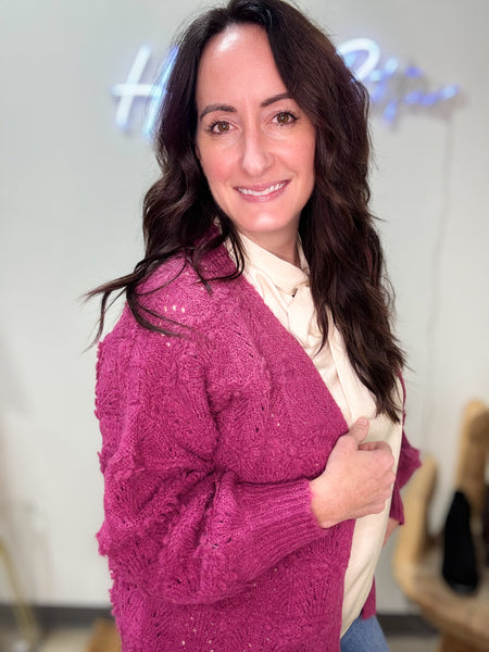 Magenta Scalloped Knit Cardigan