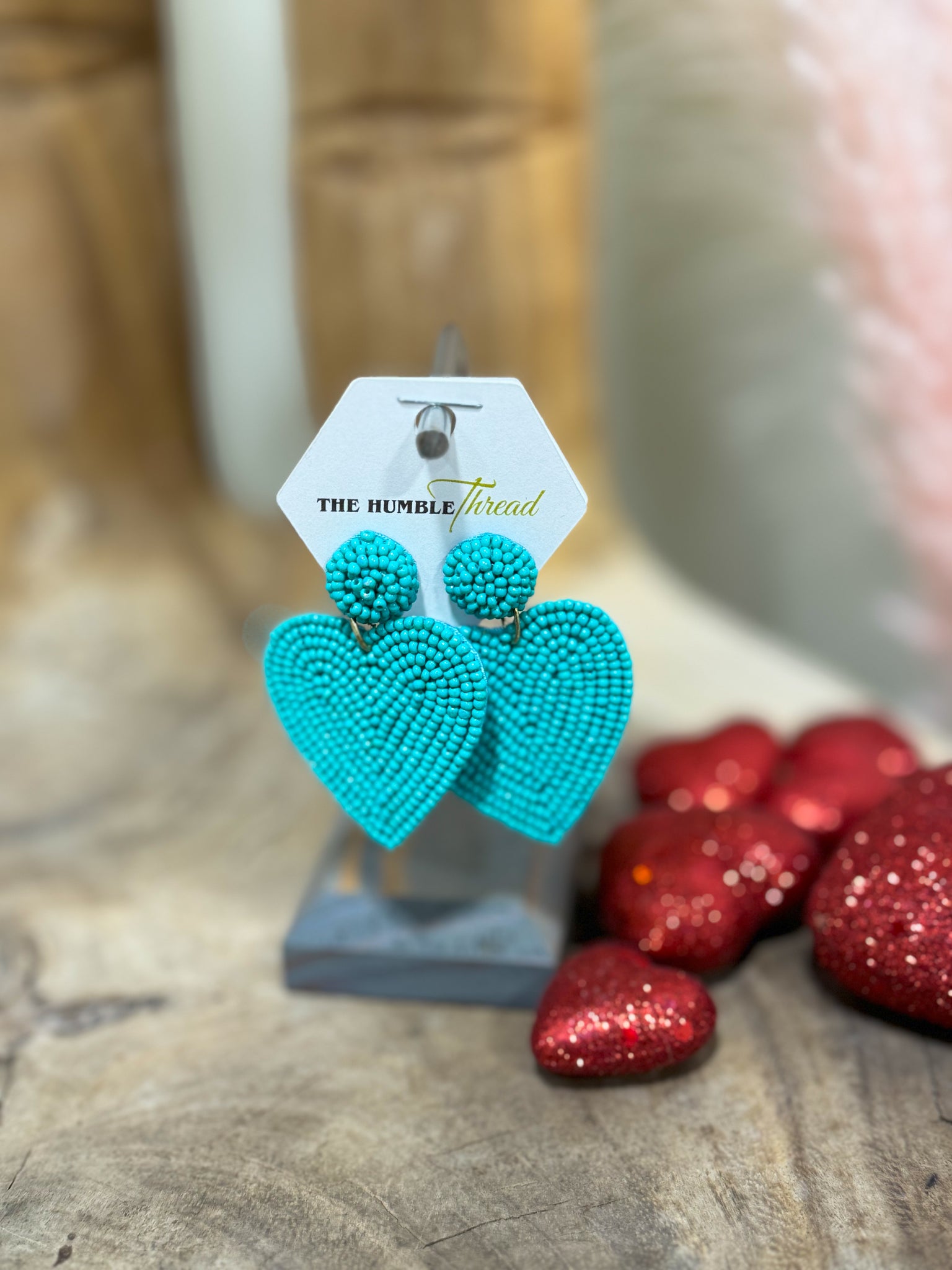 Turquoise Beaded Heart Earrings