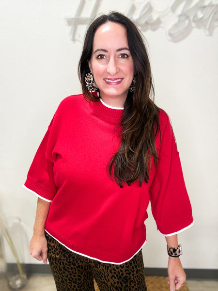 Red Knit Ribbed Hem Top
