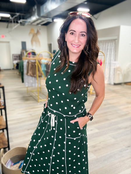 Green Retro Polka Dot Tank & Midi Skirt Set