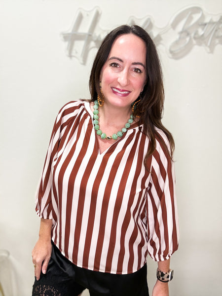 Striped Long Sleeve Brown V Neck Blouse
