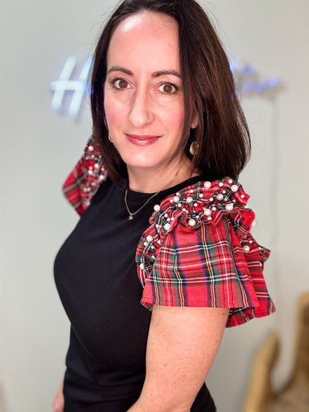 Black Top with Plaid & Pearls Ruffle Sleeves