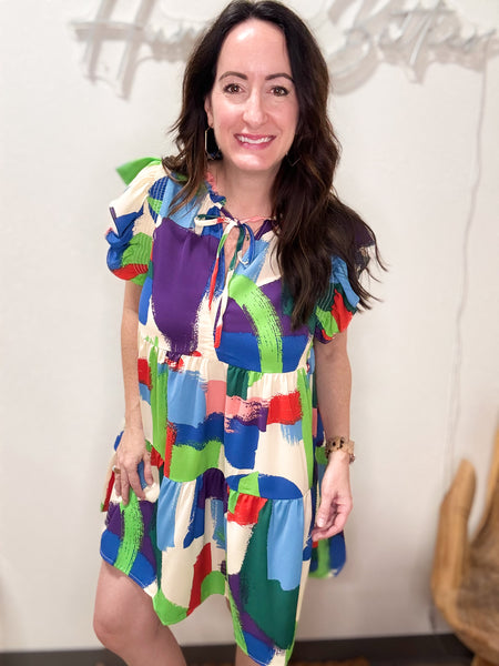 Green Abstract Ruffle Dress