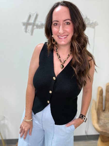 Black Knit Vest W/ Gold Buttons