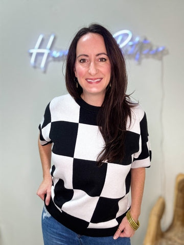 Black & White Checkered Sweater Knit Top