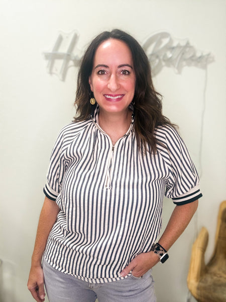Black Striped Quarter Zip Blouse
