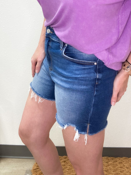 Medium Wash Frayed Denim Shorts