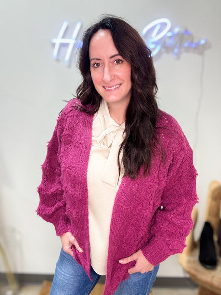 Magenta Scalloped Knit Cardigan