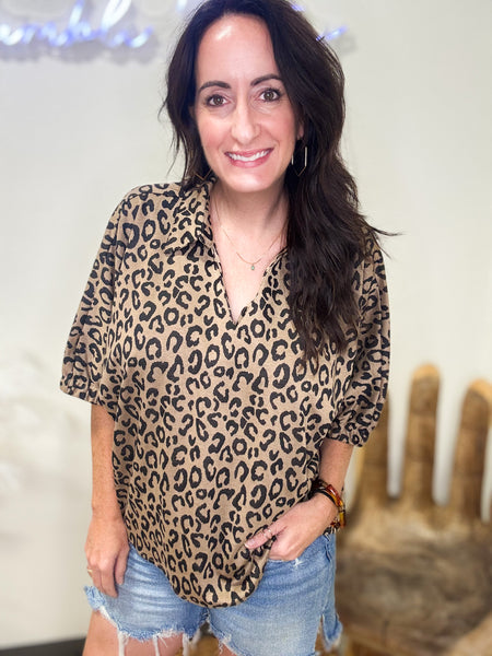 Leopard Print V-Neck Collared Top