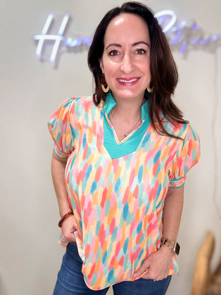 Spring Abstract Puff Sleeve Blouse