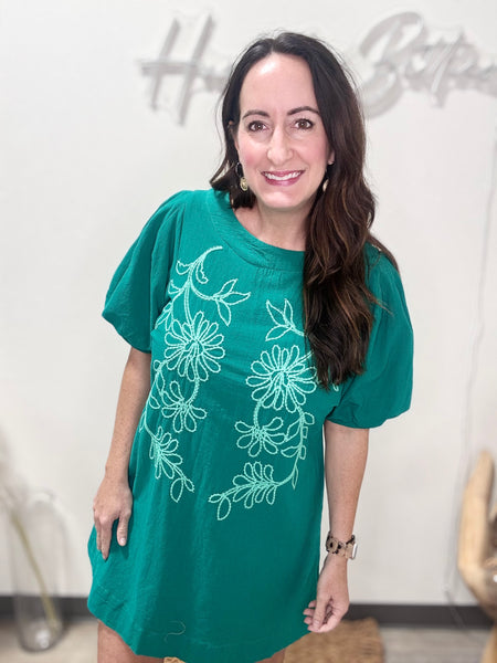 Turquoise Embroidered Puff Sleeve Mini Dress