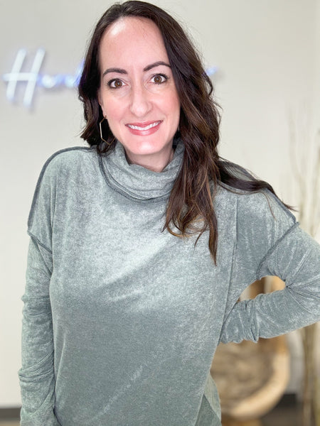 Olive Terry Knit Cowl Neck