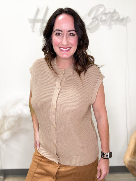Camel Button Down Knit Top