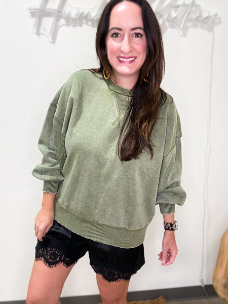 Olive Vintage Wash Fleece Pullover