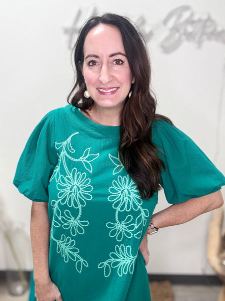 Turquoise Embroidered Puff Sleeve Mini Dress