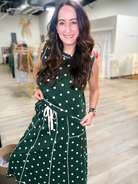 Green Retro Polka Dot Tank & Midi Skirt Set
