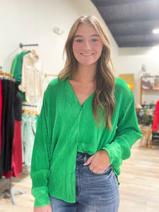 Kelly Green Pleated Satin Top