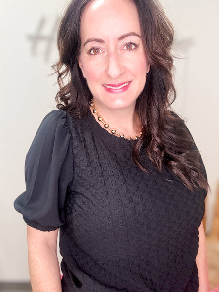 Black Puff Sleeve Square Print Blouse