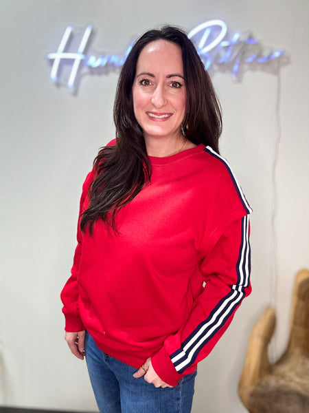 Red Sweatshirt with Navy Blue & White Stripes