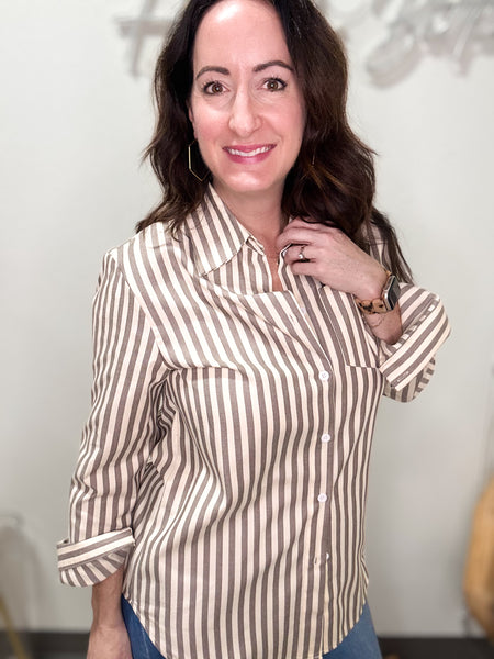 Brown & Cream Striped Button Up