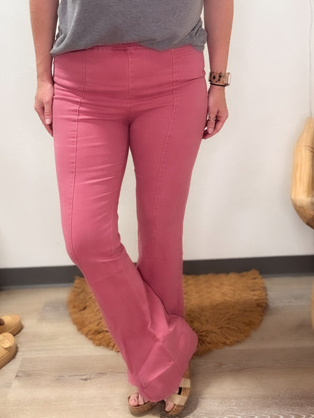 Dusty Rose Flare Denim Pants W/ Pintuck Seam