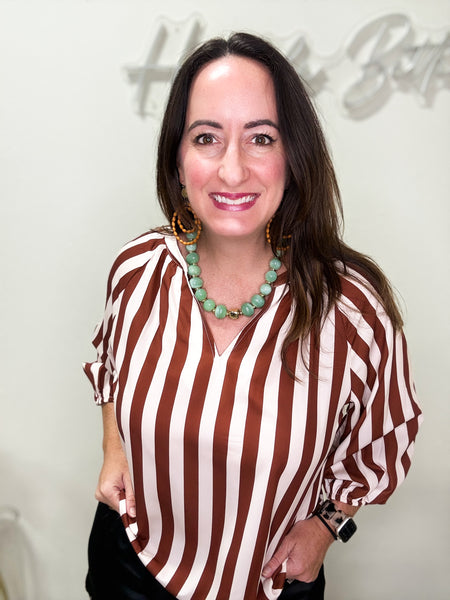 Striped Long Sleeve Brown V Neck Blouse