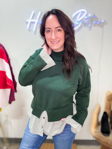Olive Sweater with Layered Striped Shirt