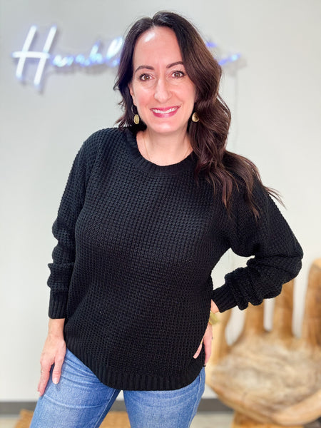 Black Round Neck Waffle Sweater