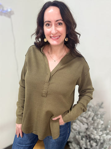 Olive Thermal V-Neck