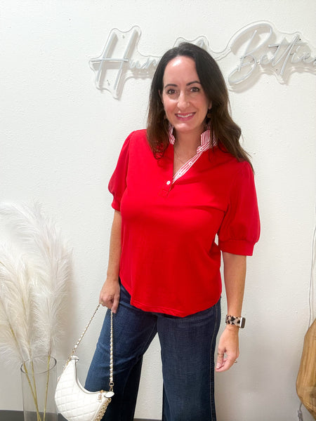 Red Striped Trim Polo Blouse