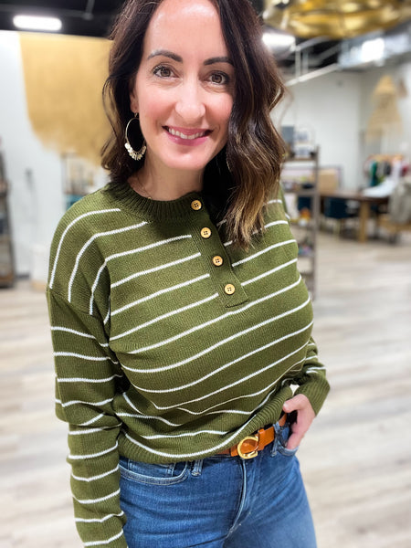 Olive Striped Button Sweater