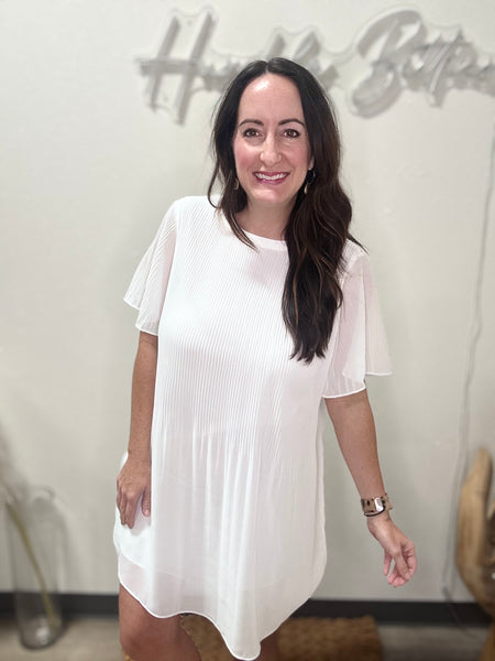 White Pleated Flowy Mini Dress