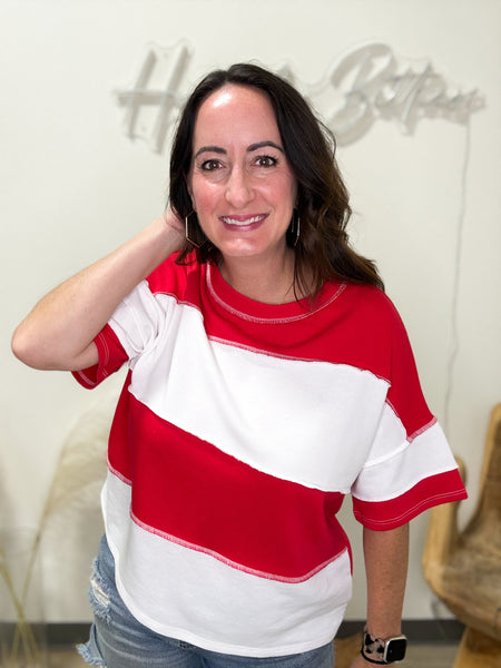 Ruby & White Color Block Boxy Top