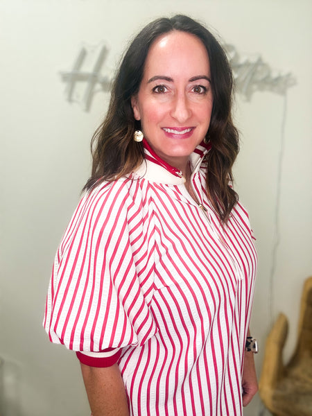 Red Striped Quarter Zip Blouse